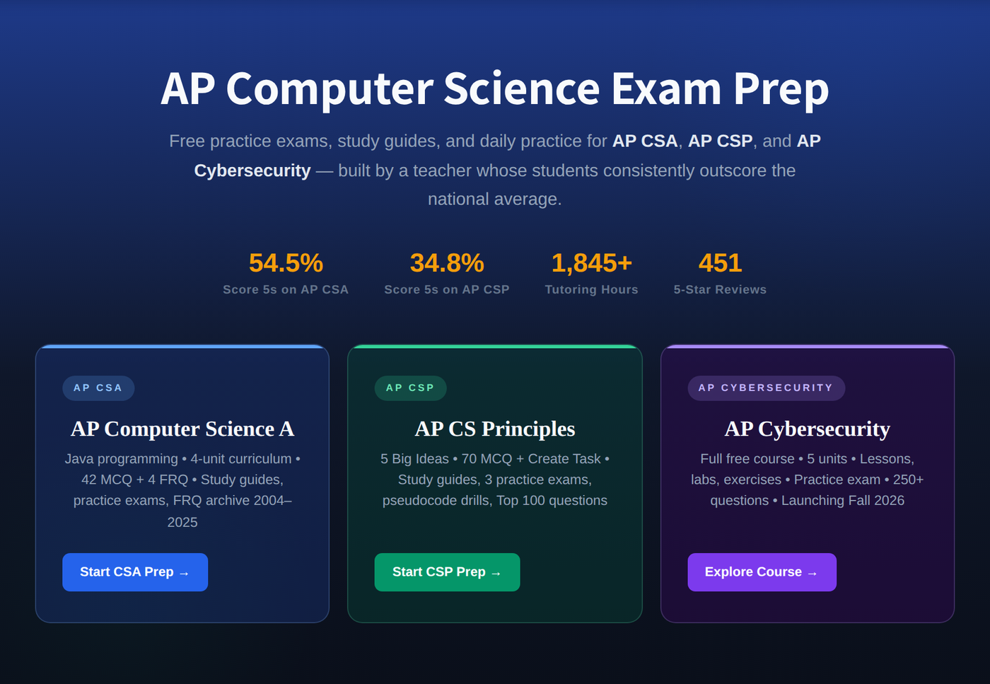 The AP Computer Science A course hub on APCSExamPrep, with units and lessons laid out day by day