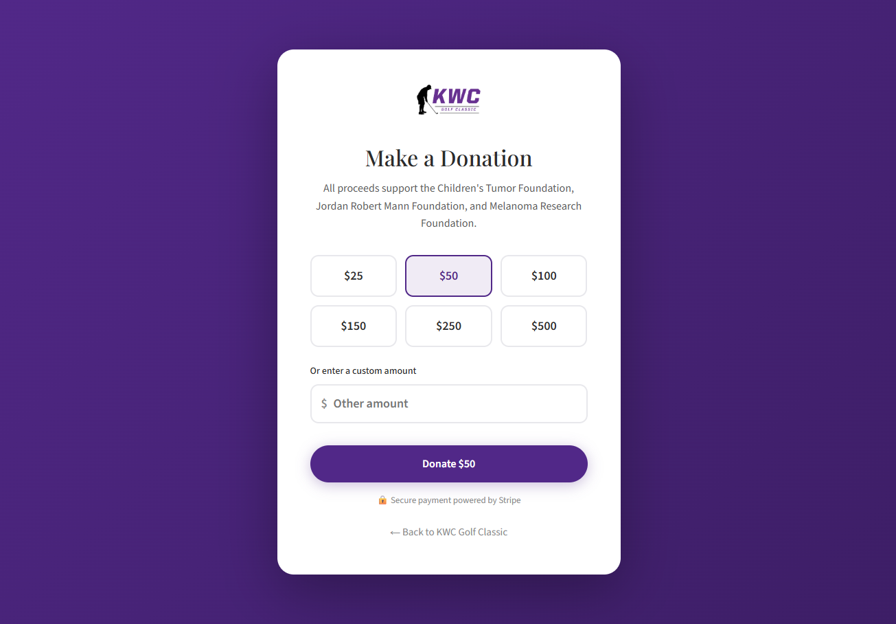 The KWC Golf Classic donation form with preset and custom amounts