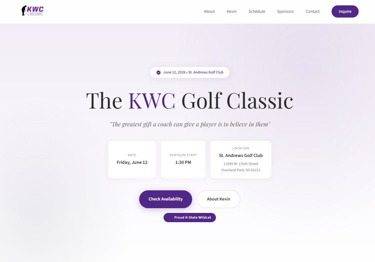 The KWC Golf Classic home page, showing the date, shotgun start time and golf course