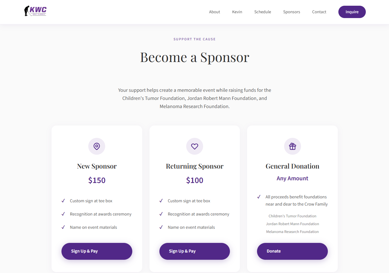 The KWC Golf Classic sponsor page with New Sponsor, Returning Sponsor and General Donation options